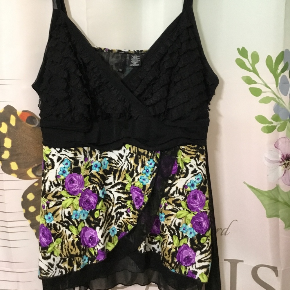 New Directions Black Spaghetti Strap Top, Ruffled, Floral Print, Size-2X